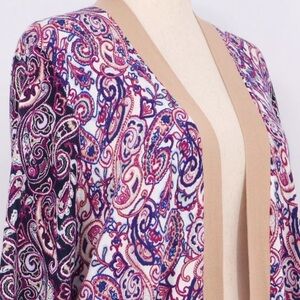 LANDS' END Long Open Front Cardigan Sweater Ivory Paisley Purple Size Med 10-12